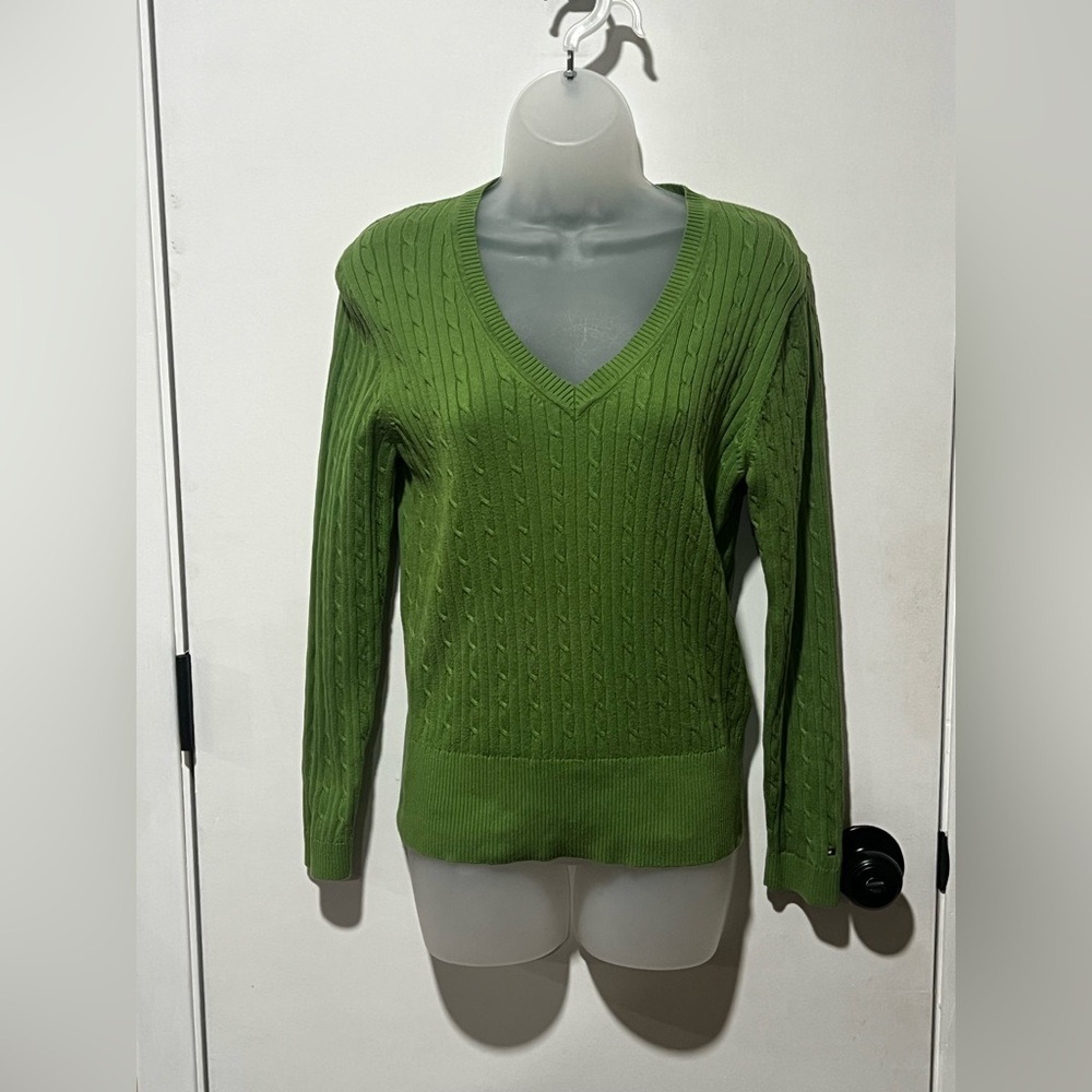 Tommy Hilfiger Green Cable Knit V-Neck Sweater
